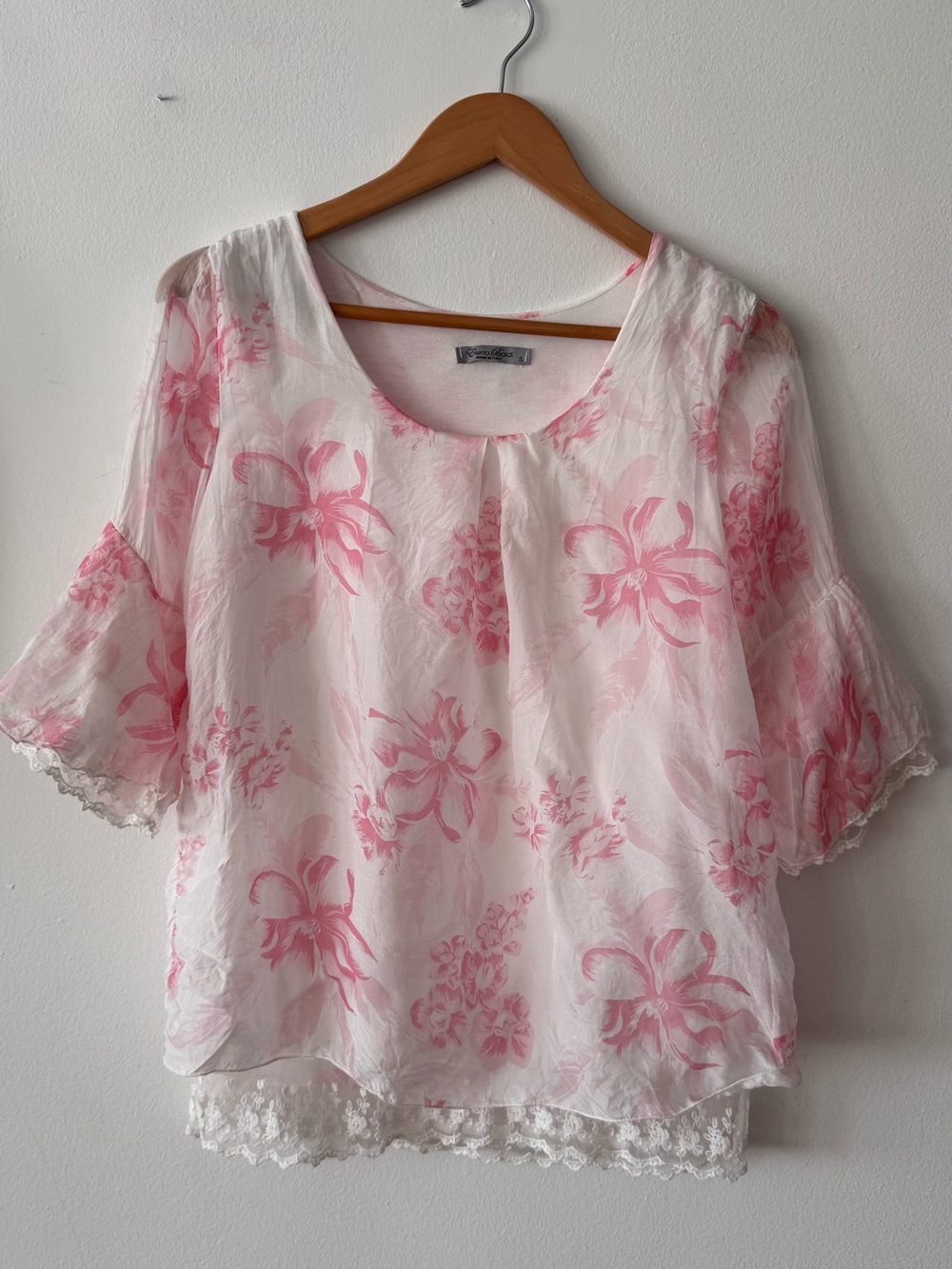 Women’s White Blouse with Pink Floral Print and Lace Trim